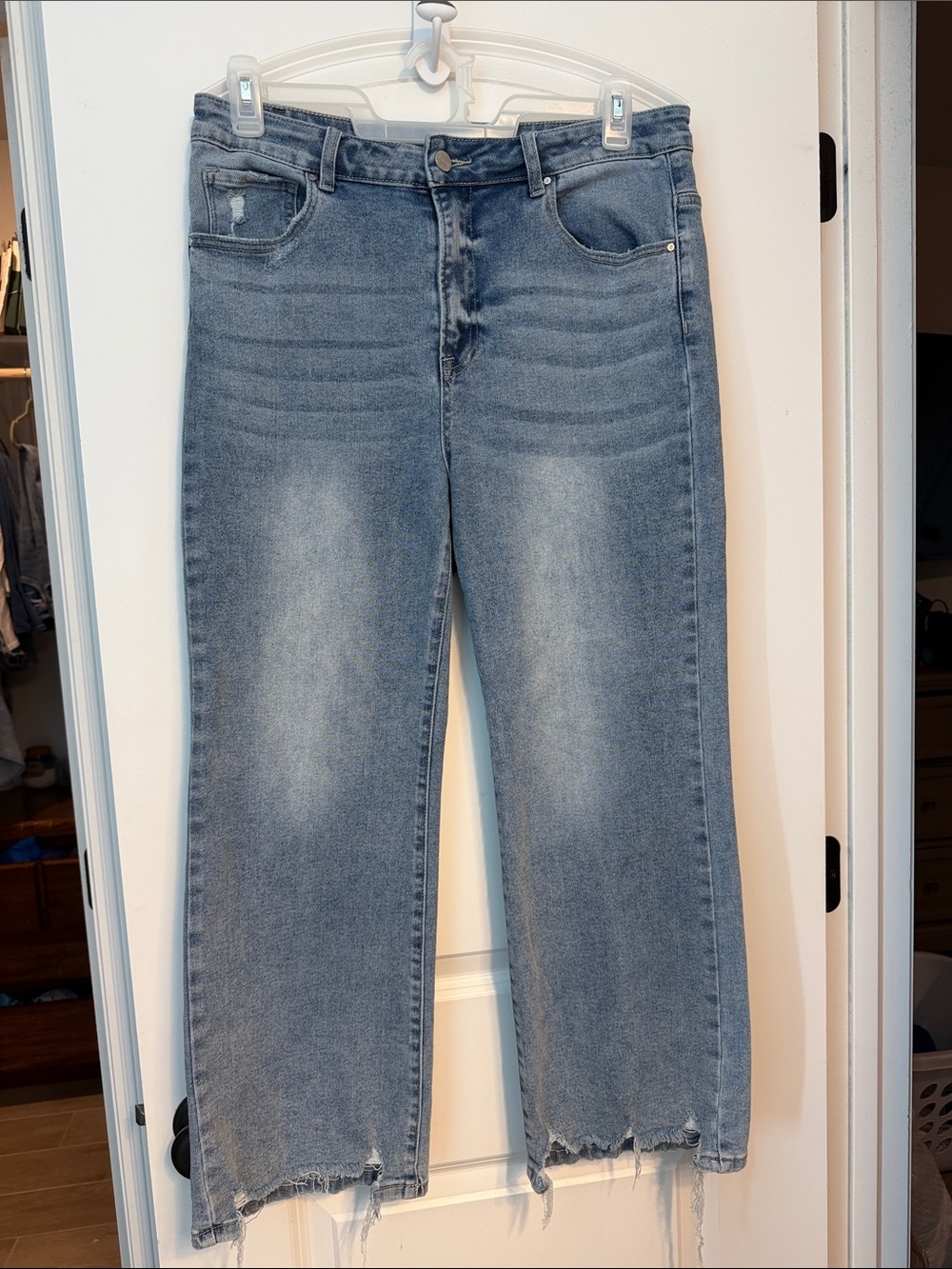 Light Blue High-Rise Wide Leg Jeans - Distressed Hem